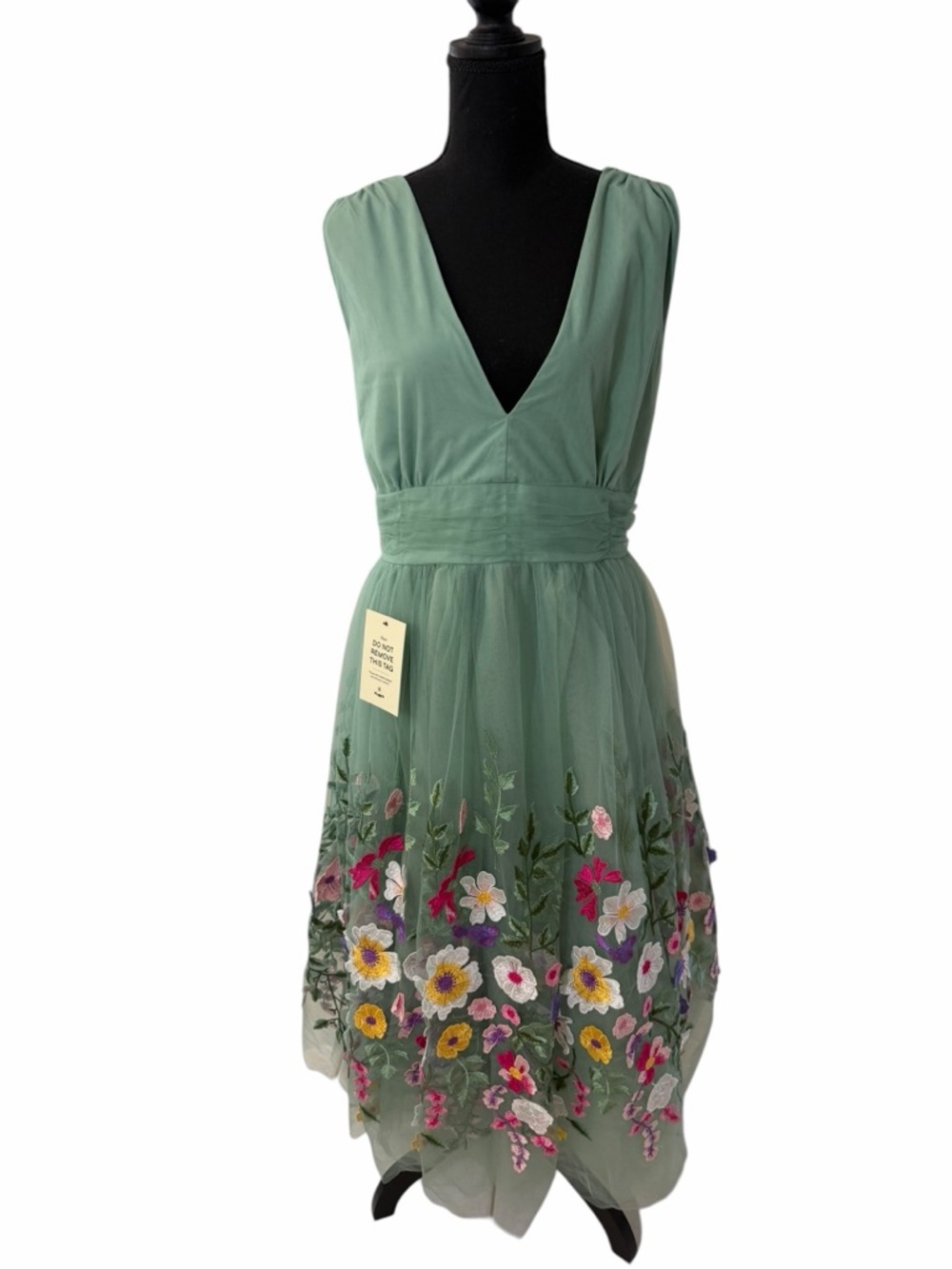 JessaKae Bouquet Green V-Neck Midi Dress Floral Embroidery Size 1XL NWT